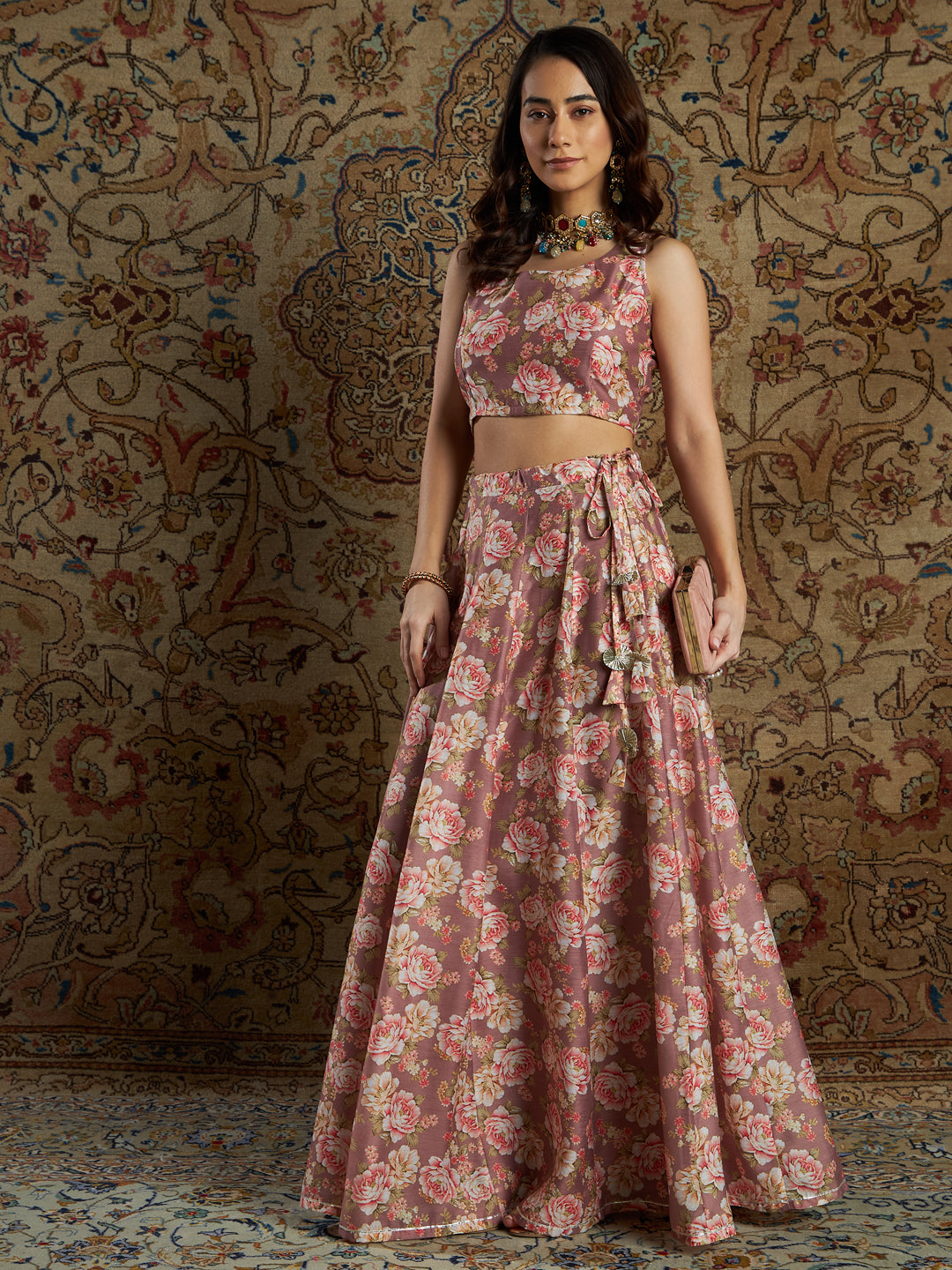 Mauve Chanderi Floral Crop Top With Anarkali Skirt-Shae by SASSAFRAS