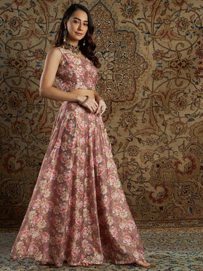 Women Mauve Chanderi Floral Crop Top With Anarkali Skirt