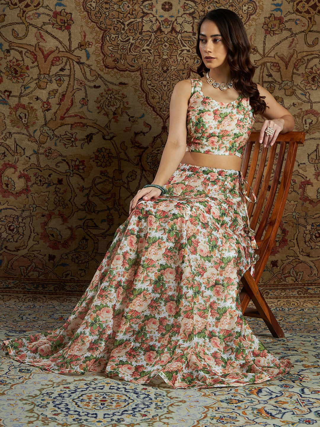 Peach Chanderi Floral Crop Top With Anarkali Skirt-Shae by SASSAFRAS