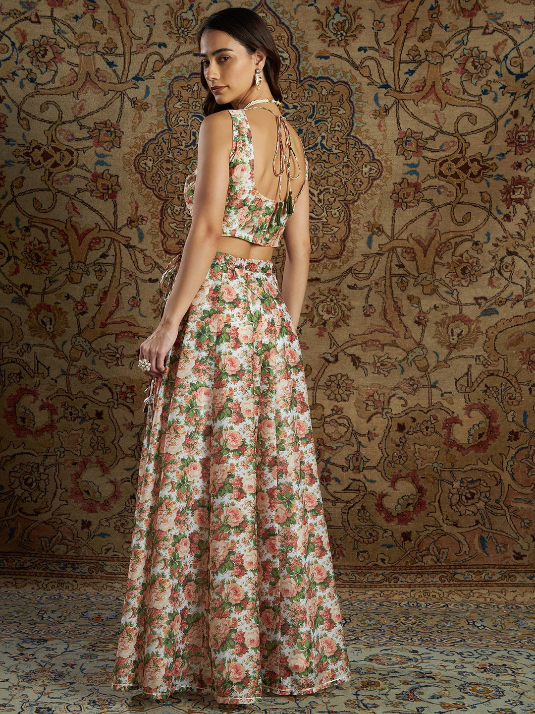 Women Peach Chanderi Floral Crop Top With Anarkali Skirt