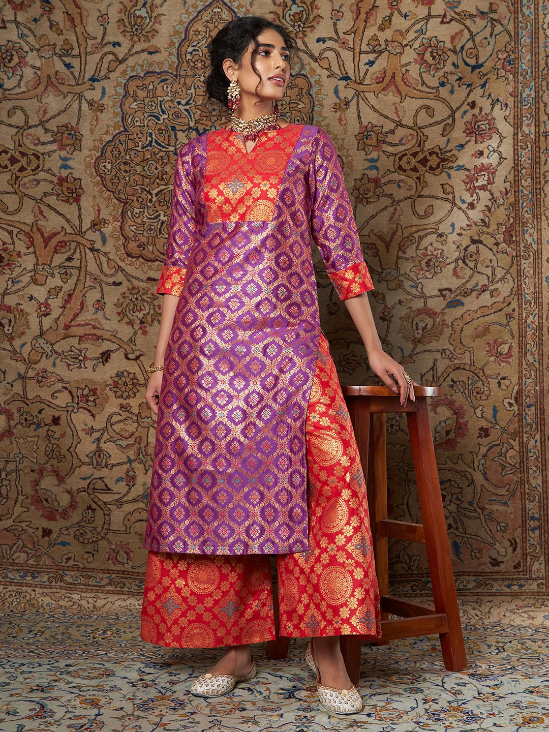 Buy Pink Golden Crushed Brocade Kurti Set by Colorauction  Online shopping  for Kurti Sets in India