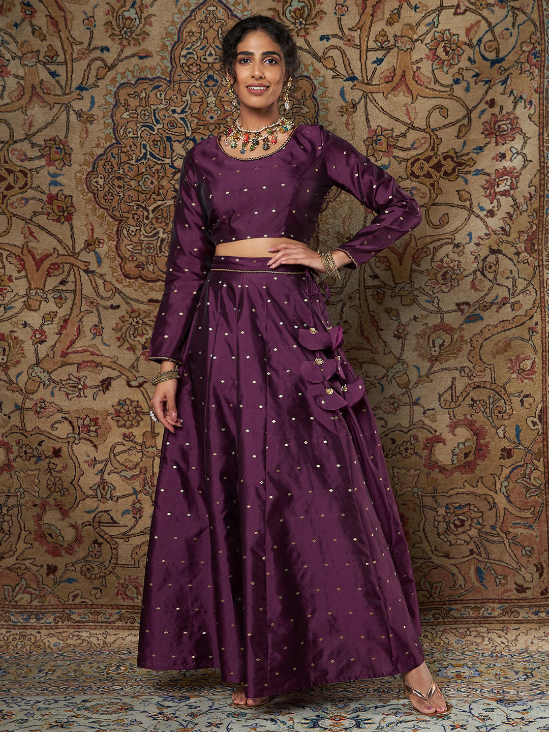 Purple Jacquard Crop Top With Anarkali Skirt-Shae by SASSAFRAS