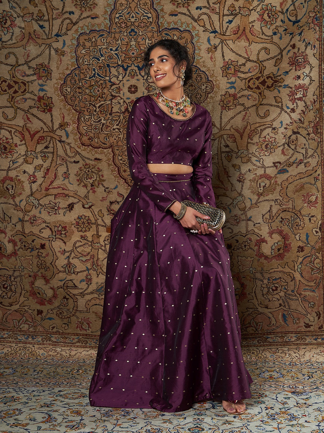 Women Purple Jacquard Crop Top With Anarkali Skirt