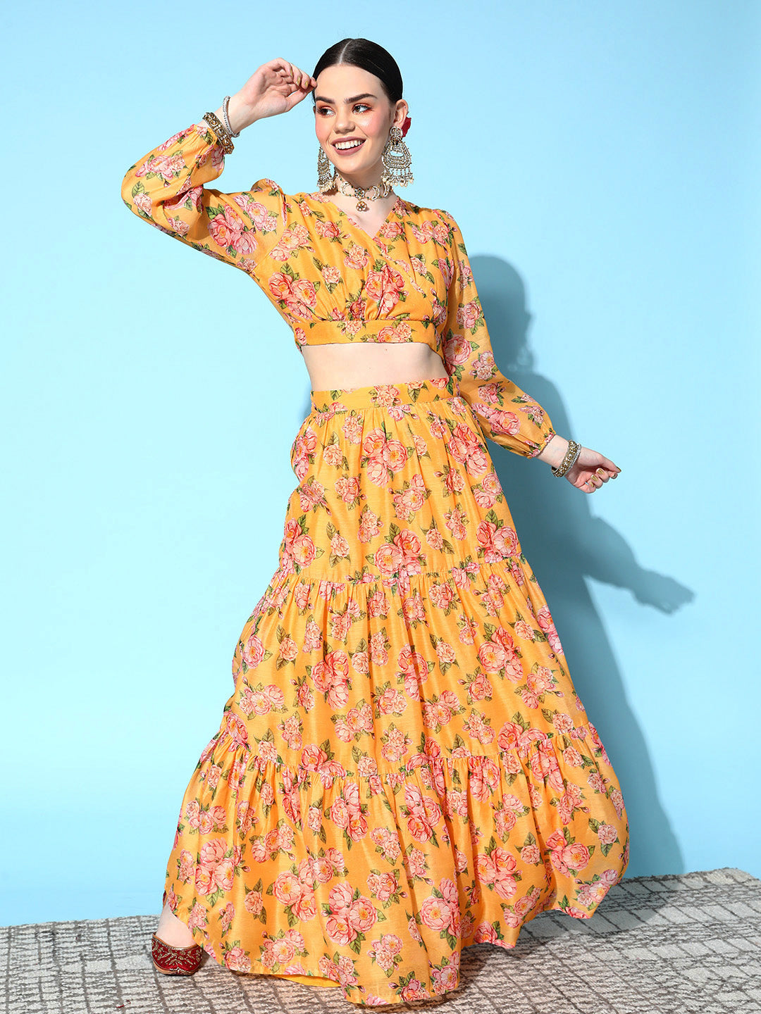 Yellow Floral Wrap Crop Top With Tiered Skirt -Shae by SASSAFRAS