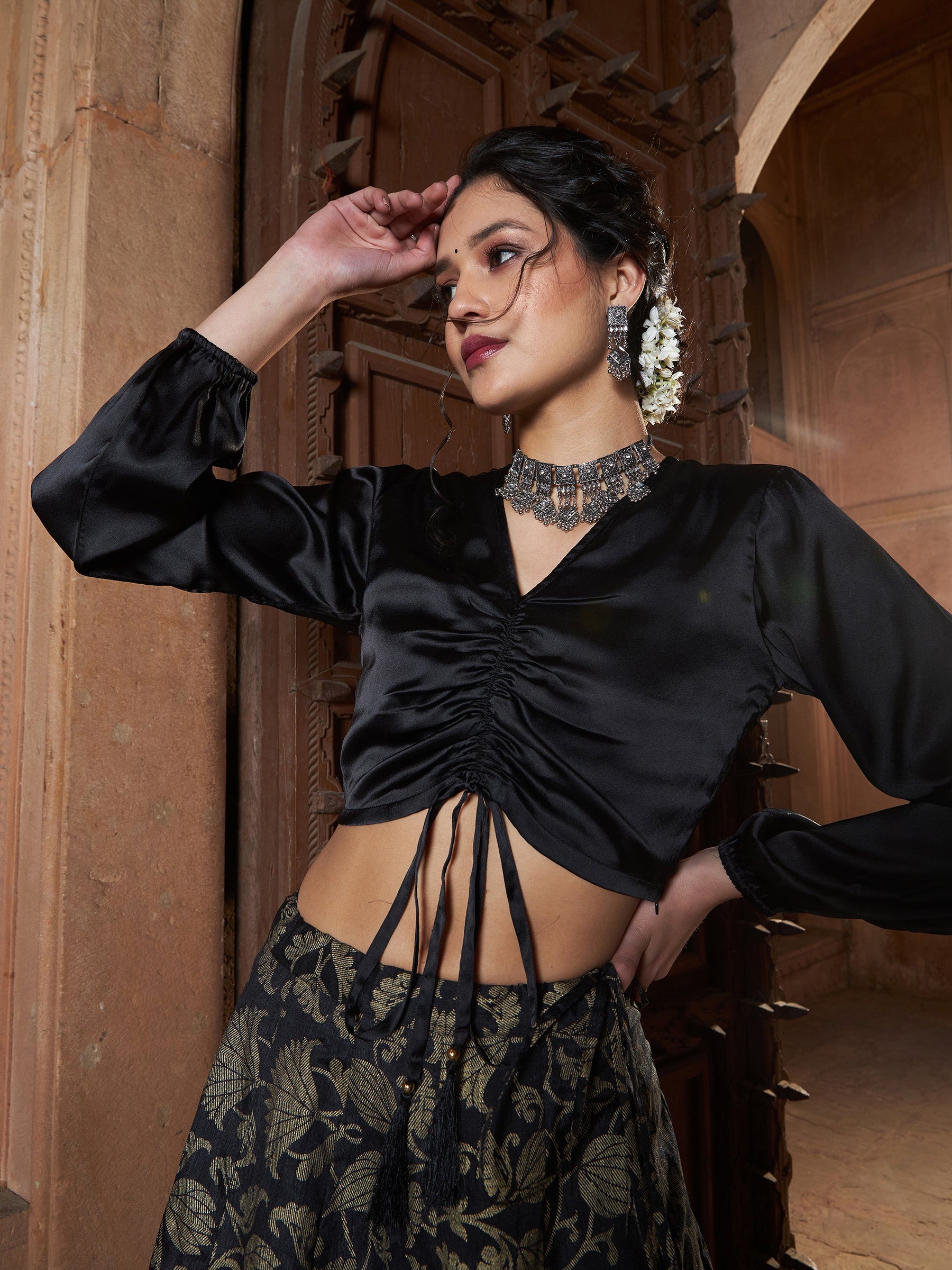 Women Black Satin Ruched Crop Top With Brocade Skirt