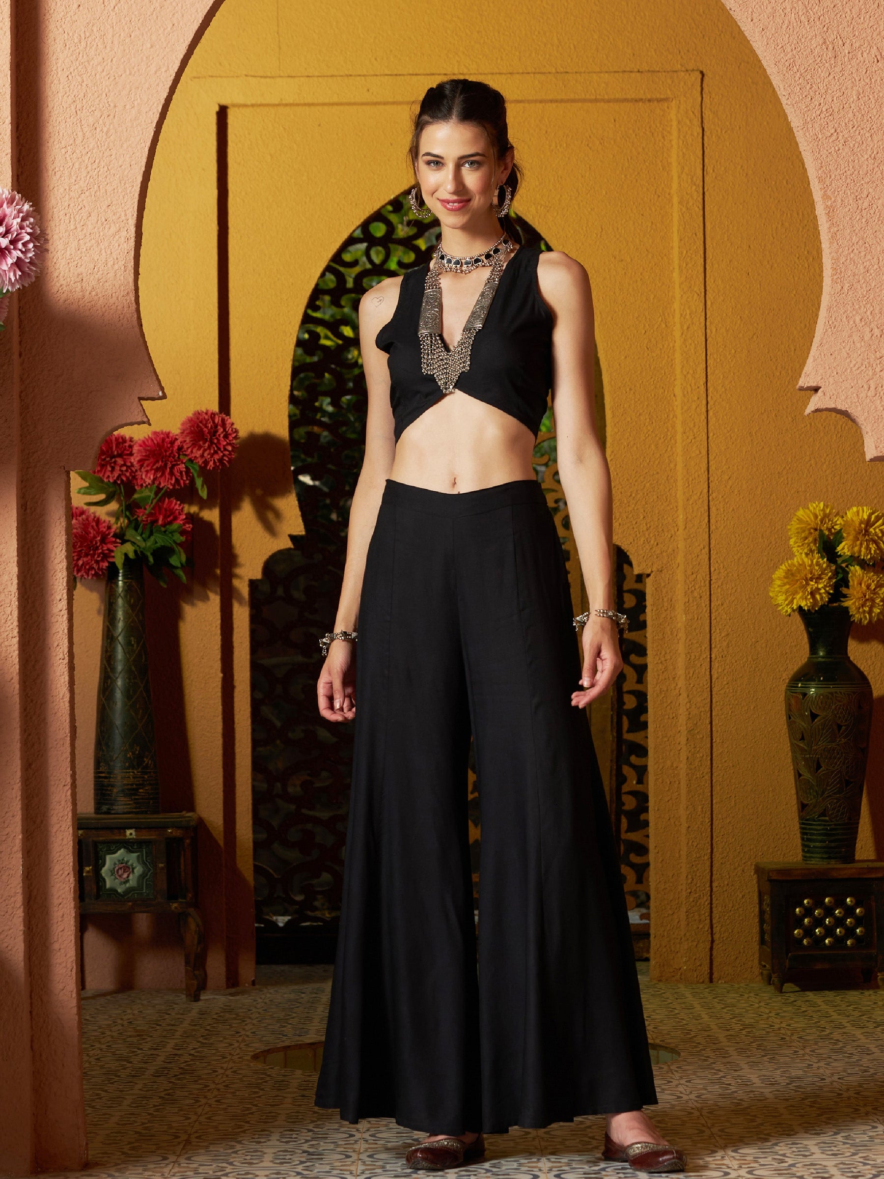 Shae by SASSAFRAS VNeck Crop Top  Palazzo with Printed Long Shrug CoOrds   Absolutely Desi