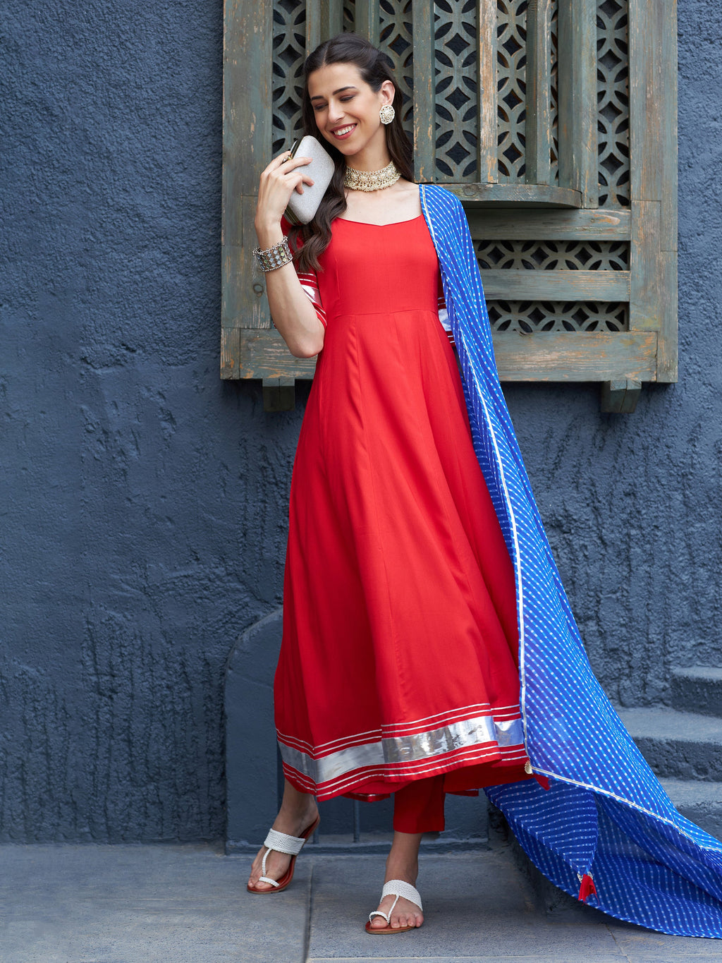 Blue Plain Georgette Anarkali With Dupatta, 53% OFF