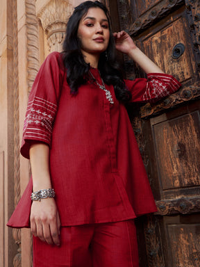 Maroon Zari Embroidered Sleeve Top With Palazzos-Shae by SASSAFRAS