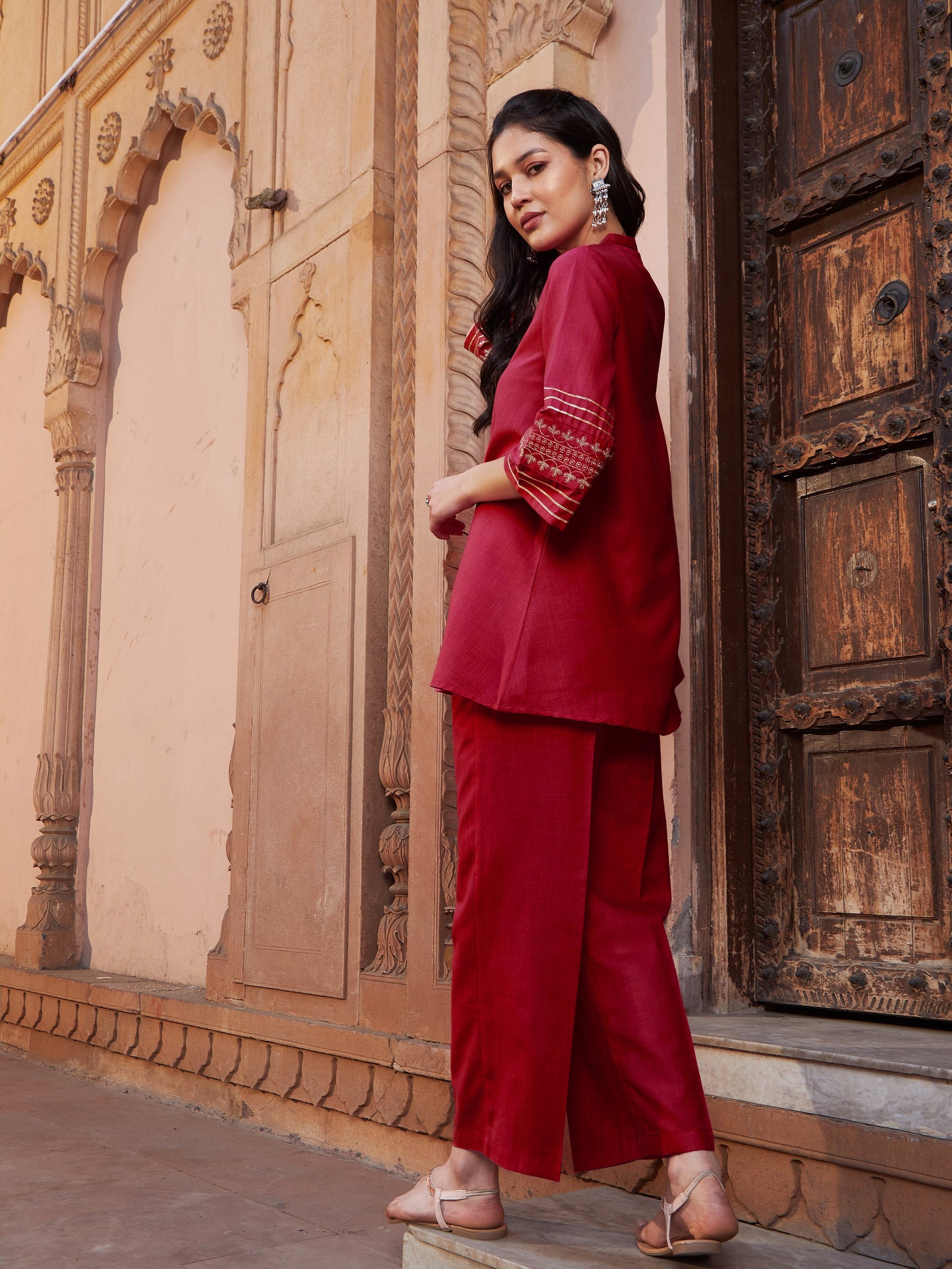 Maroon Zari Embroidered Sleeve Top With Palazzos-Shae by SASSAFRAS