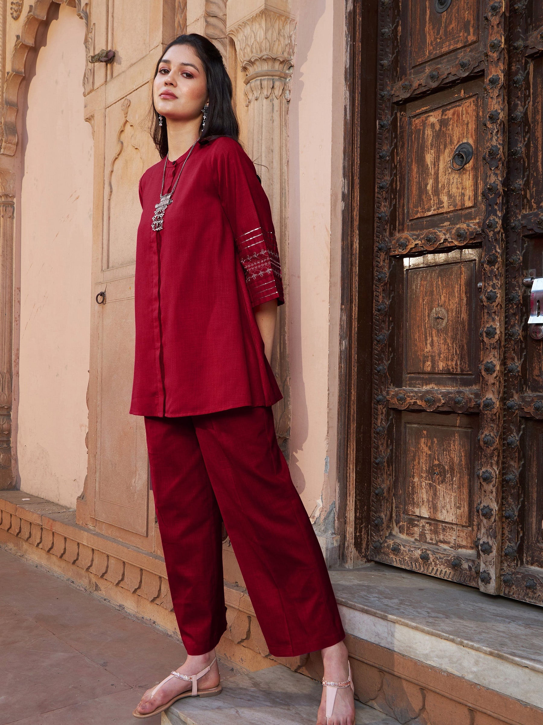 Maroon Zari Embroidered Sleeve Top With Palazzos-Shae by SASSAFRAS