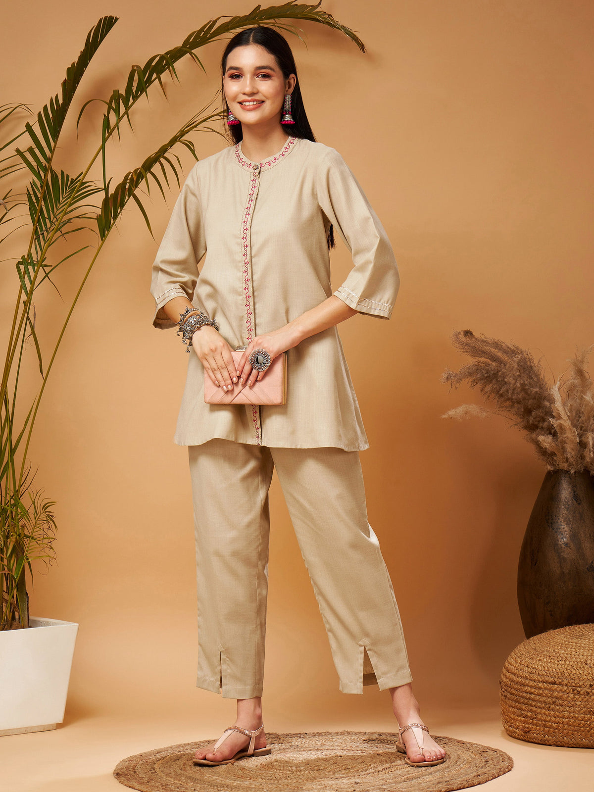 Beige Contrast Embroidered Top With Front Slit Pants-Shae by SASSAFRAS