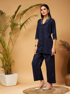 Navy Zari Embroidered Shawl Collar Top With Palazzos-Shae by SASSAFRAS