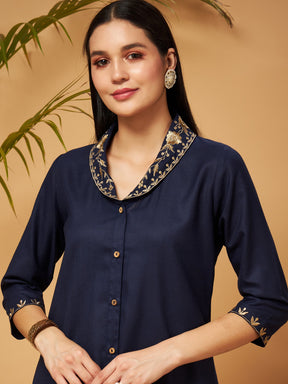 Navy Zari Embroidered Shawl Collar Top With Palazzos-Shae by SASSAFRAS