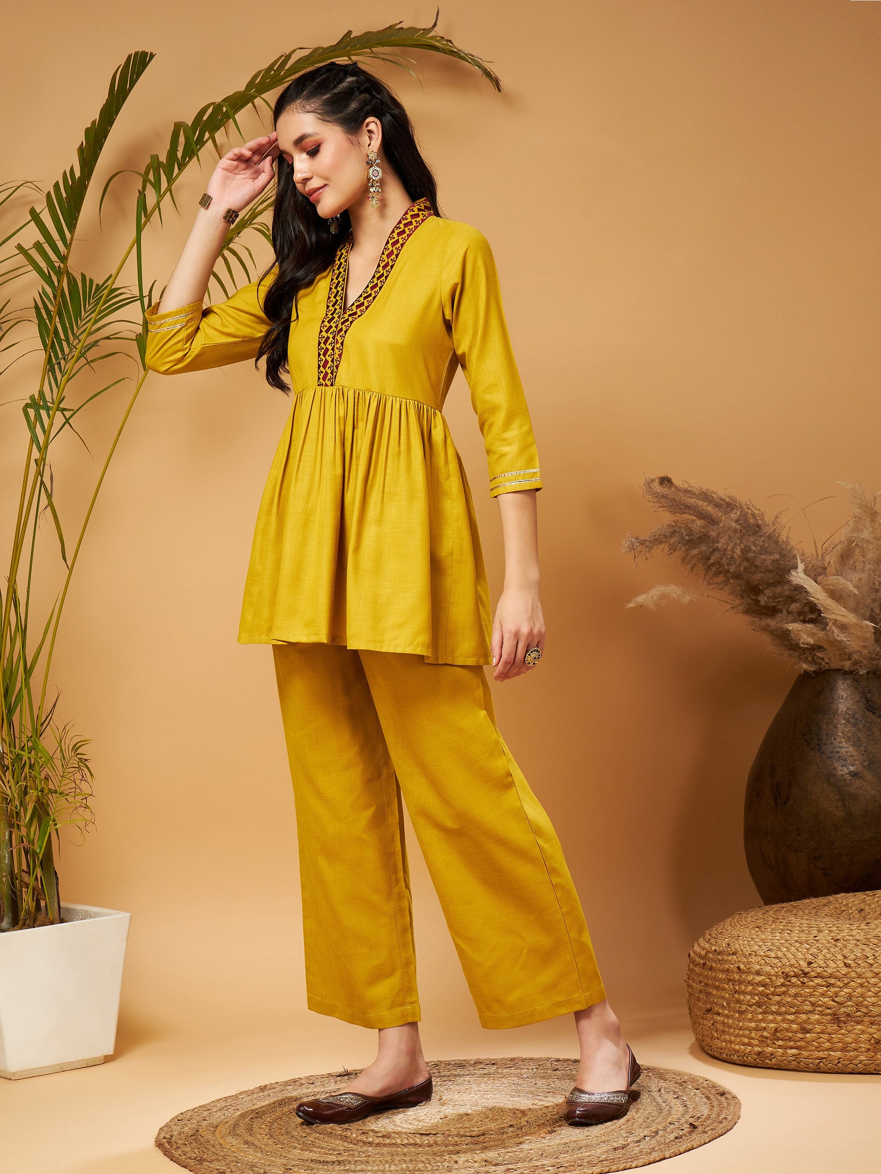 Mustard Embroidered Gathered Top With Palazzos-Shae by SASSAFRAS