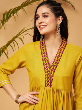 Mustard Embroidered Gathered Top With Palazzos-Shae by SASSAFRAS