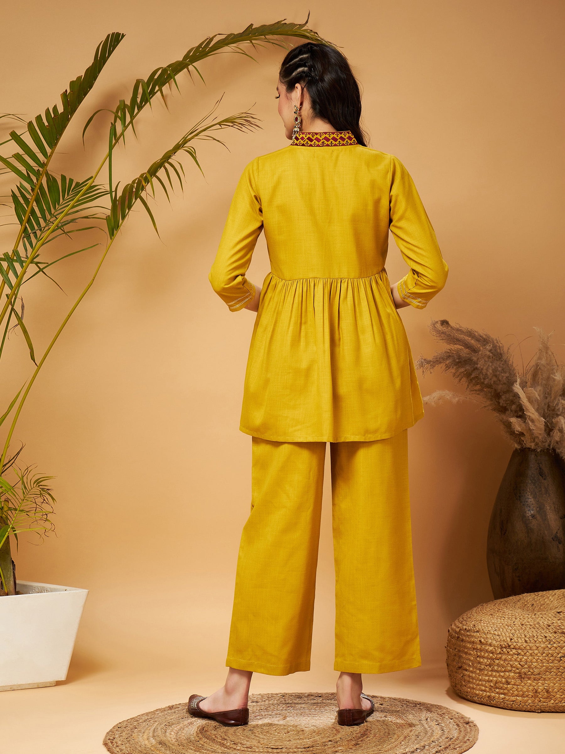 Mustard Embroidered Gathered Top With Palazzos-Shae by SASSAFRAS