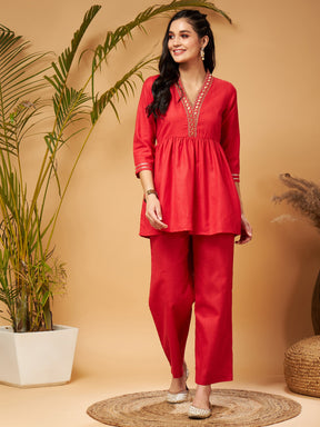 Red Embroidered Gathered Top With Palazzos-Shae by SASSAFRAS