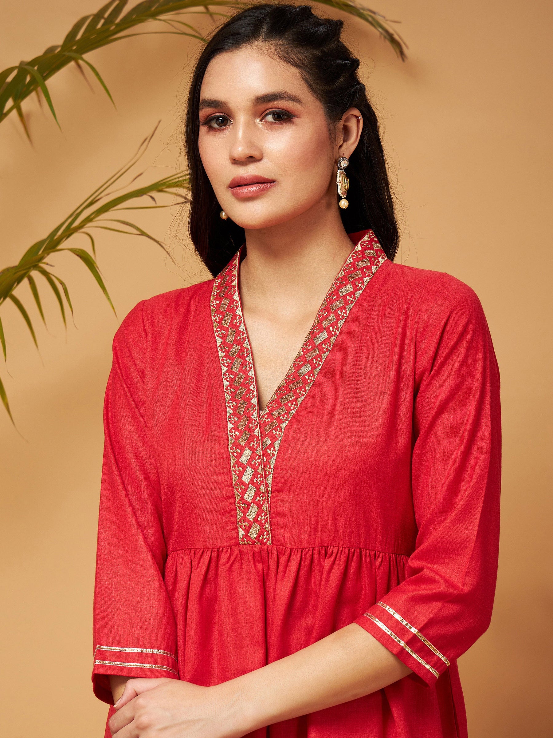 Red Embroidered Gathered Top With Palazzos-Shae by SASSAFRAS
