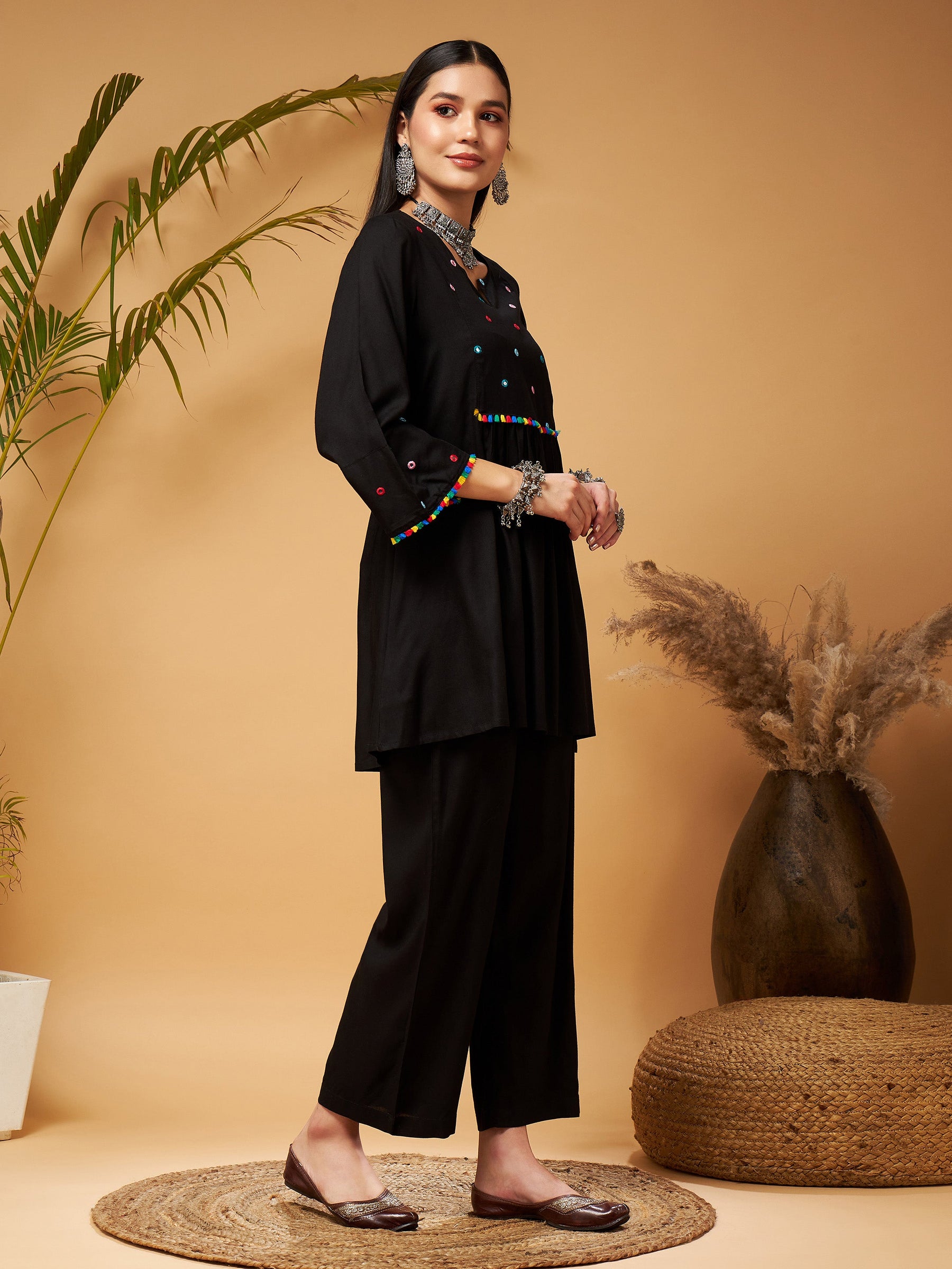 Black Mirror Work Embroidered Top With Palazzos-Shae by SASSAFRAS