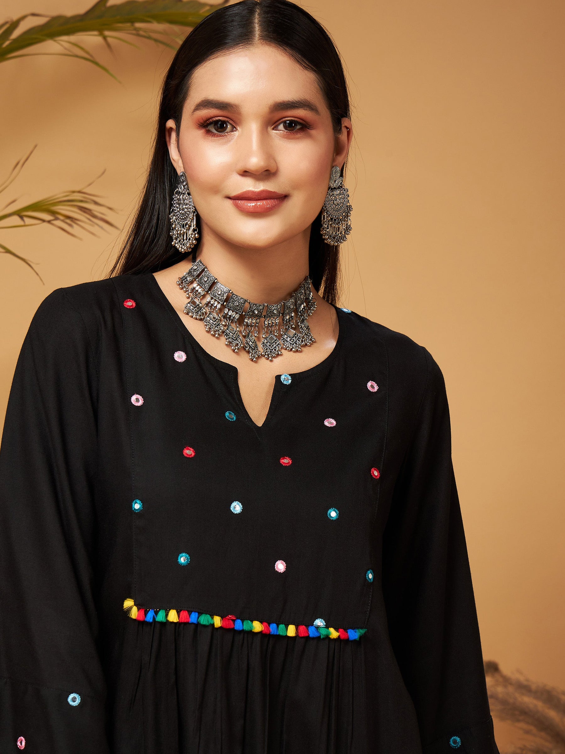 Black Mirror Work Embroidered Top With Palazzos-Shae by SASSAFRAS