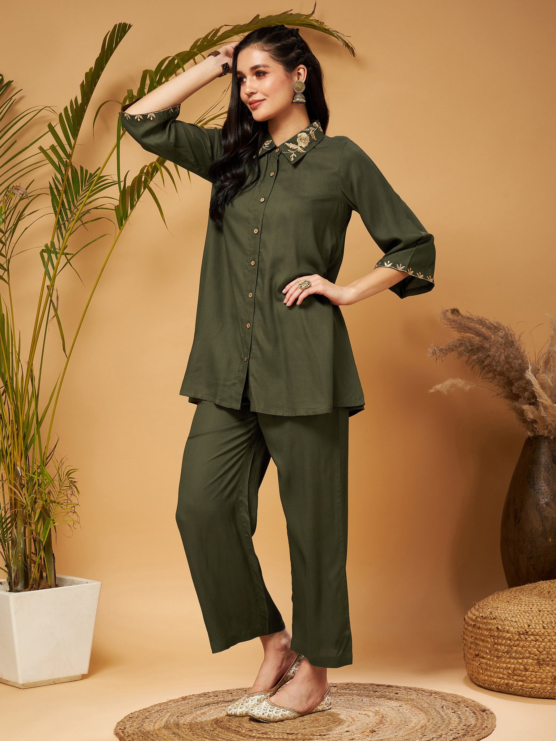 Olive Zari Embroidered Shirt Collar Top With Palazzos-Shae by SASSAFRAS