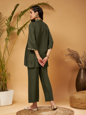 Olive Zari Embroidered Shirt Collar Top With Palazzos-Shae by SASSAFRAS