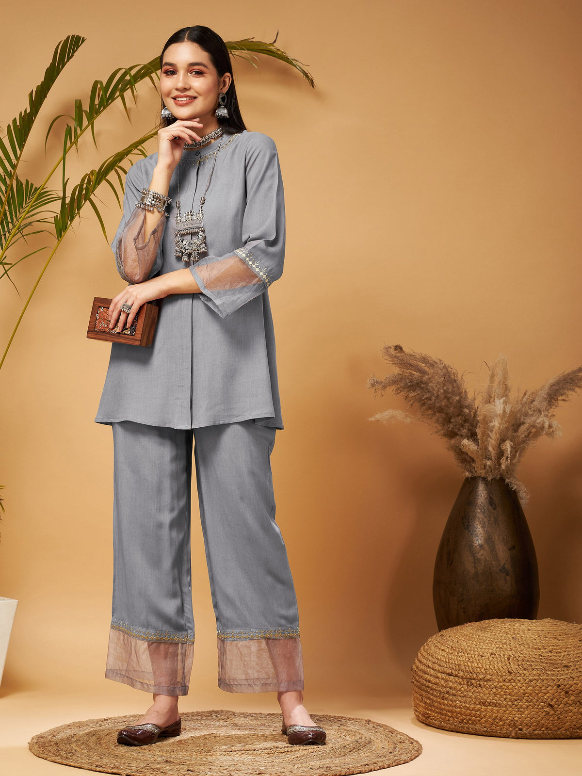 Grey Embroidered Top With Palazzos-Shae by SASSAFRAS