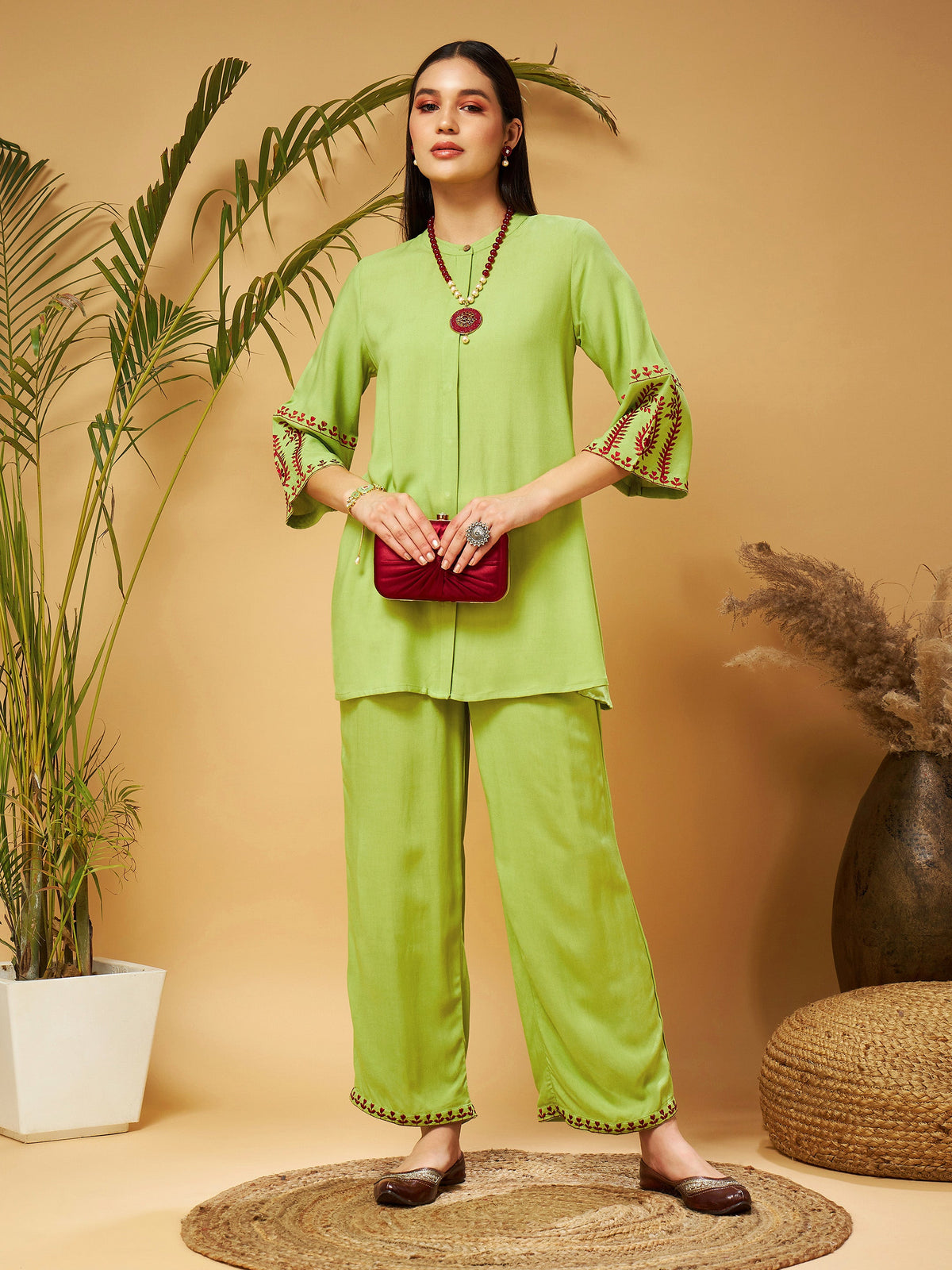 Green Embroidered Top With Palazzos-Shae by SASSAFRAS