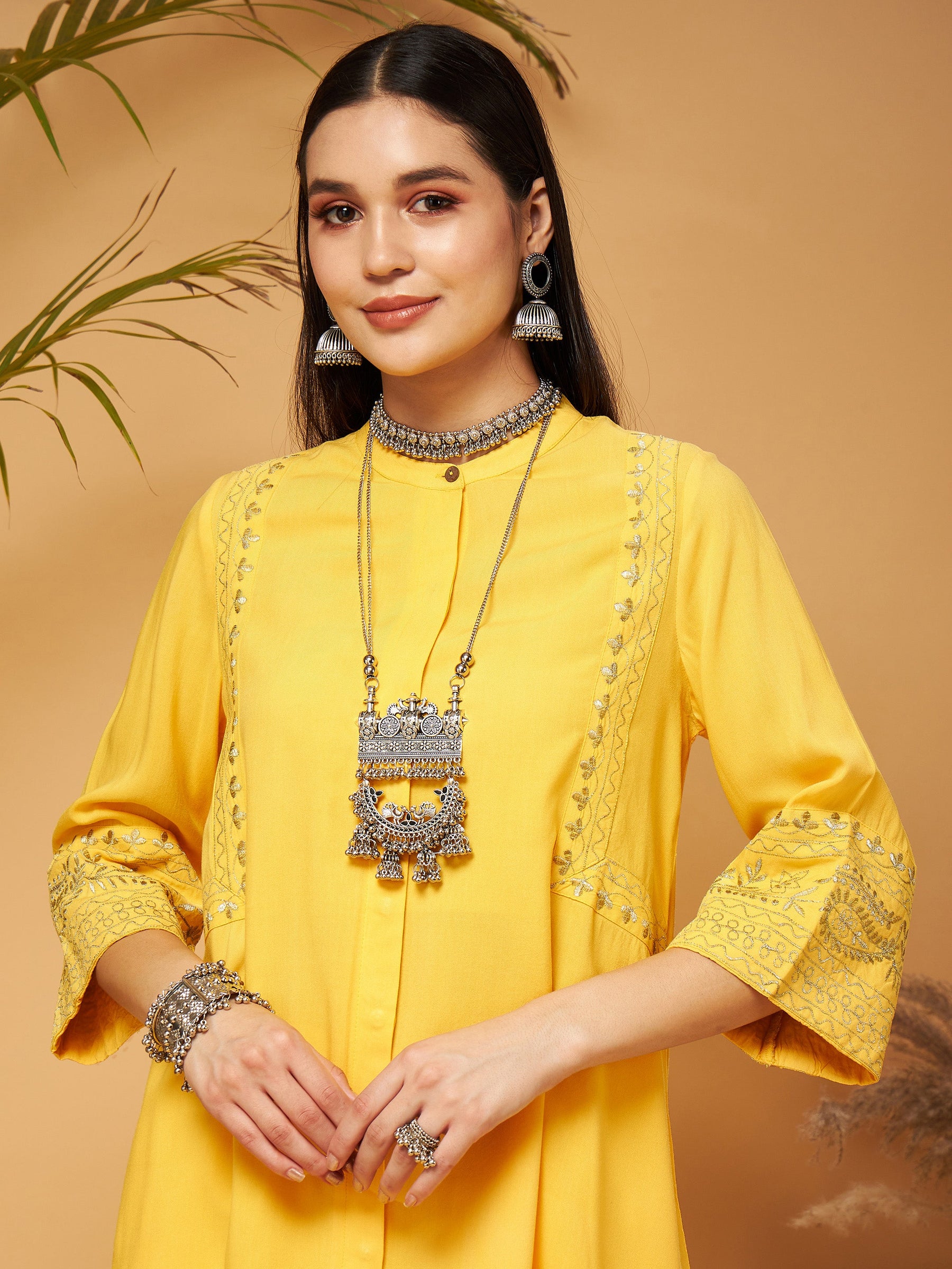 Yellow Embroidered Top With Palazzos-Shae by SASSAFRAS