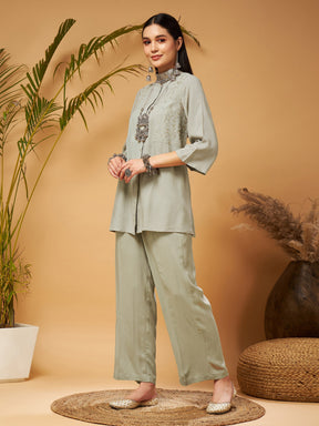 Taupe Embroidered Top With Palazzos-Shae by SASSAFRAS