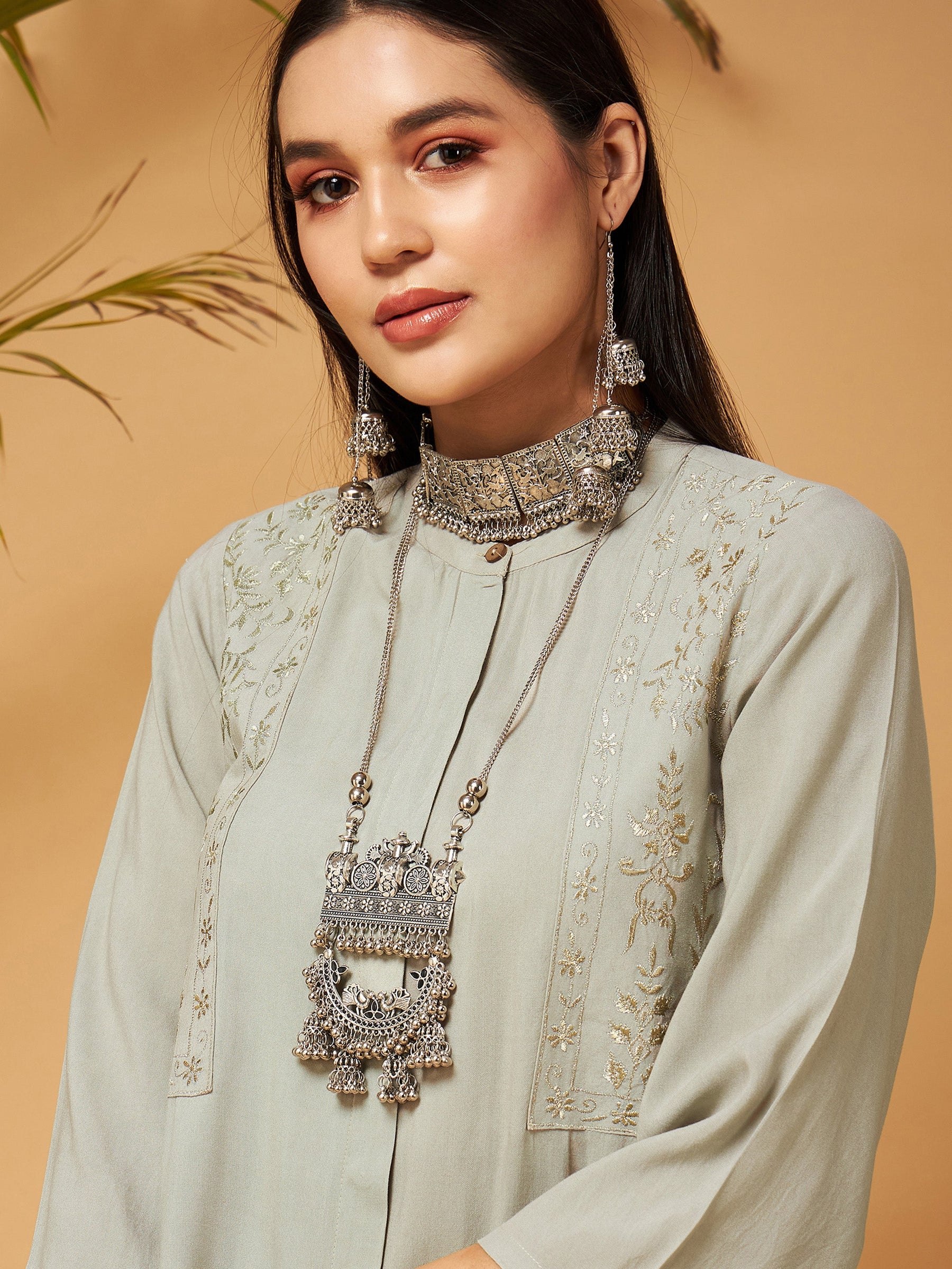 Taupe Embroidered Top With Palazzos-Shae by SASSAFRAS