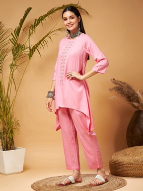 Pink Embroidered High Low Kurta With Pants-Shae by SASSAFRAS