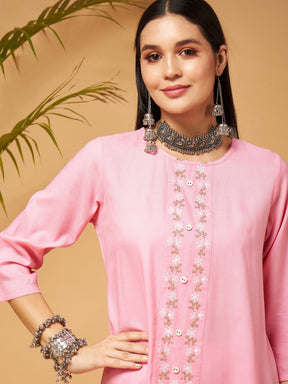 Pink Embroidered High Low Kurta With Pants-Shae by SASSAFRAS
