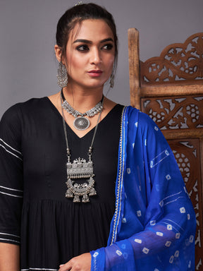 Black Tiered Kurta Set With Blue Bandhej Dupatta-Shae by SASSAFRAS