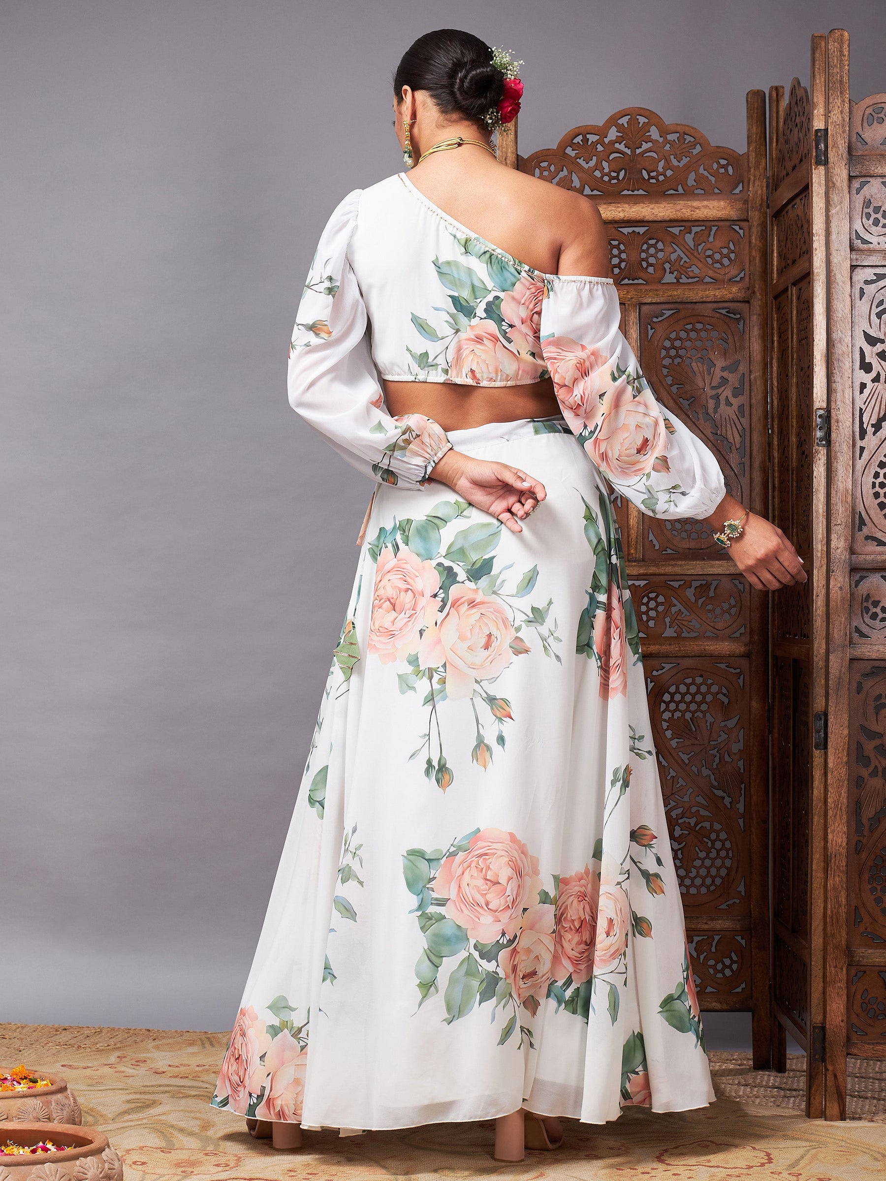 Women White Floral One Shoulder Crop Top With Anarkali Skirt