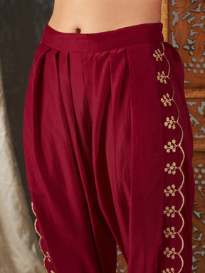 Maroon Zari Embroidered Peplum Top With Dhoti Pants-Shae by SASSAFRAS