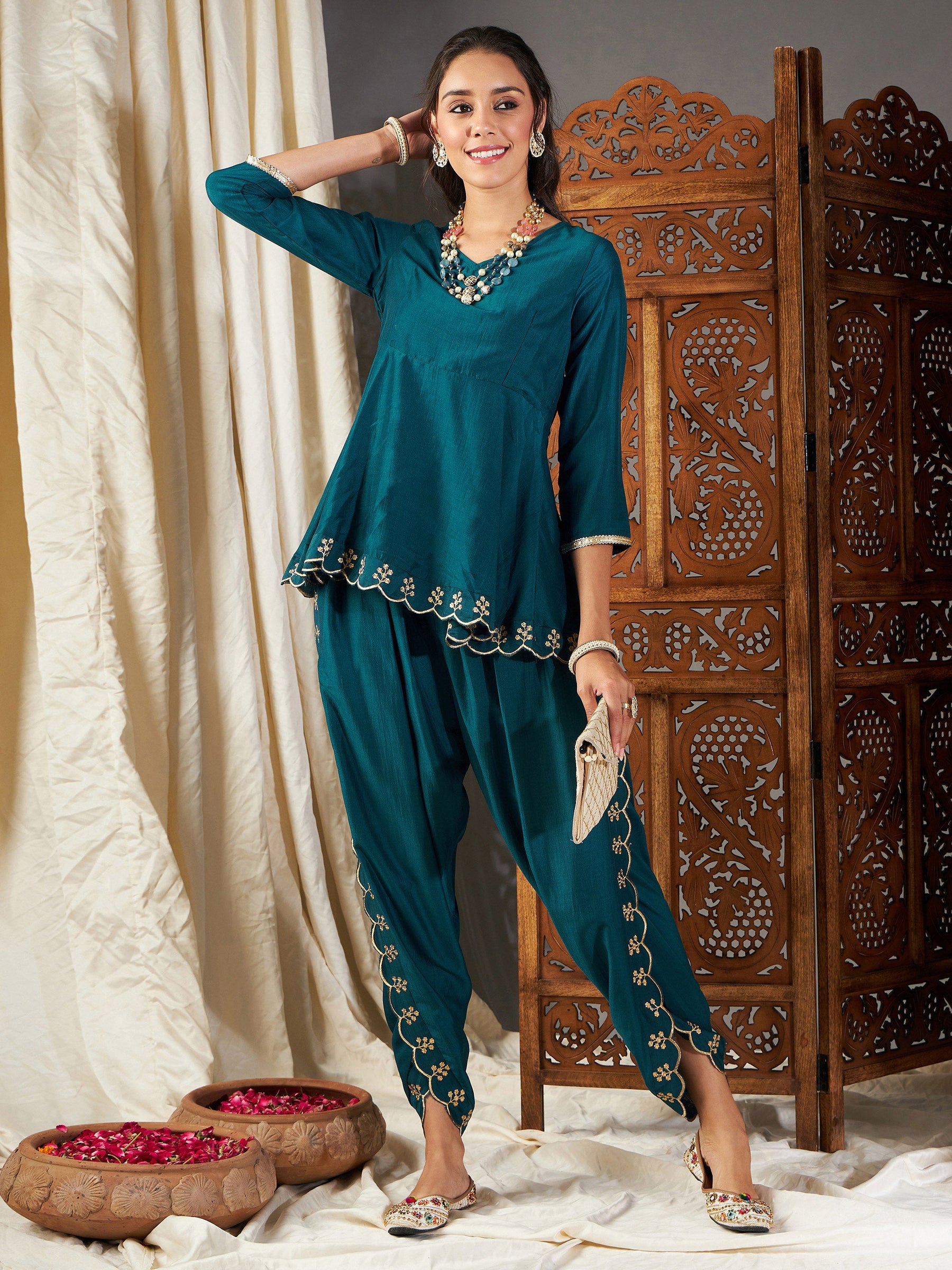 Buy Teal Zari Embroidered Peplum Top With Dhoti Pants Online At