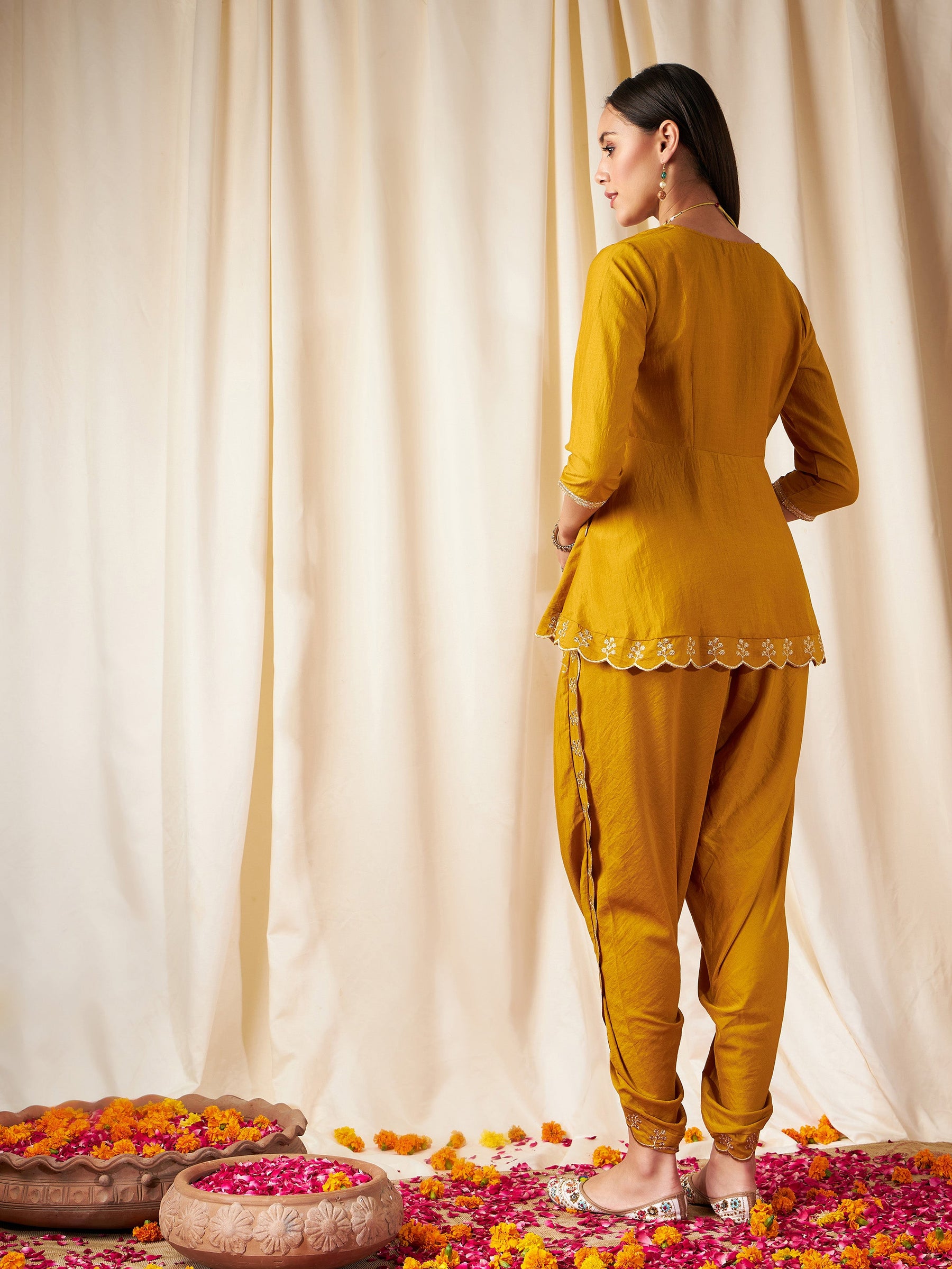 Mustard Zari Embroidered Peplum Top With Dhoti Pants-Shae by SASSAFRAS