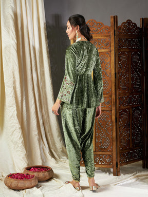 Olive Velvet Embroidered Peplum Kurta With Dhoti Pants-Shae by SASSAFRAS