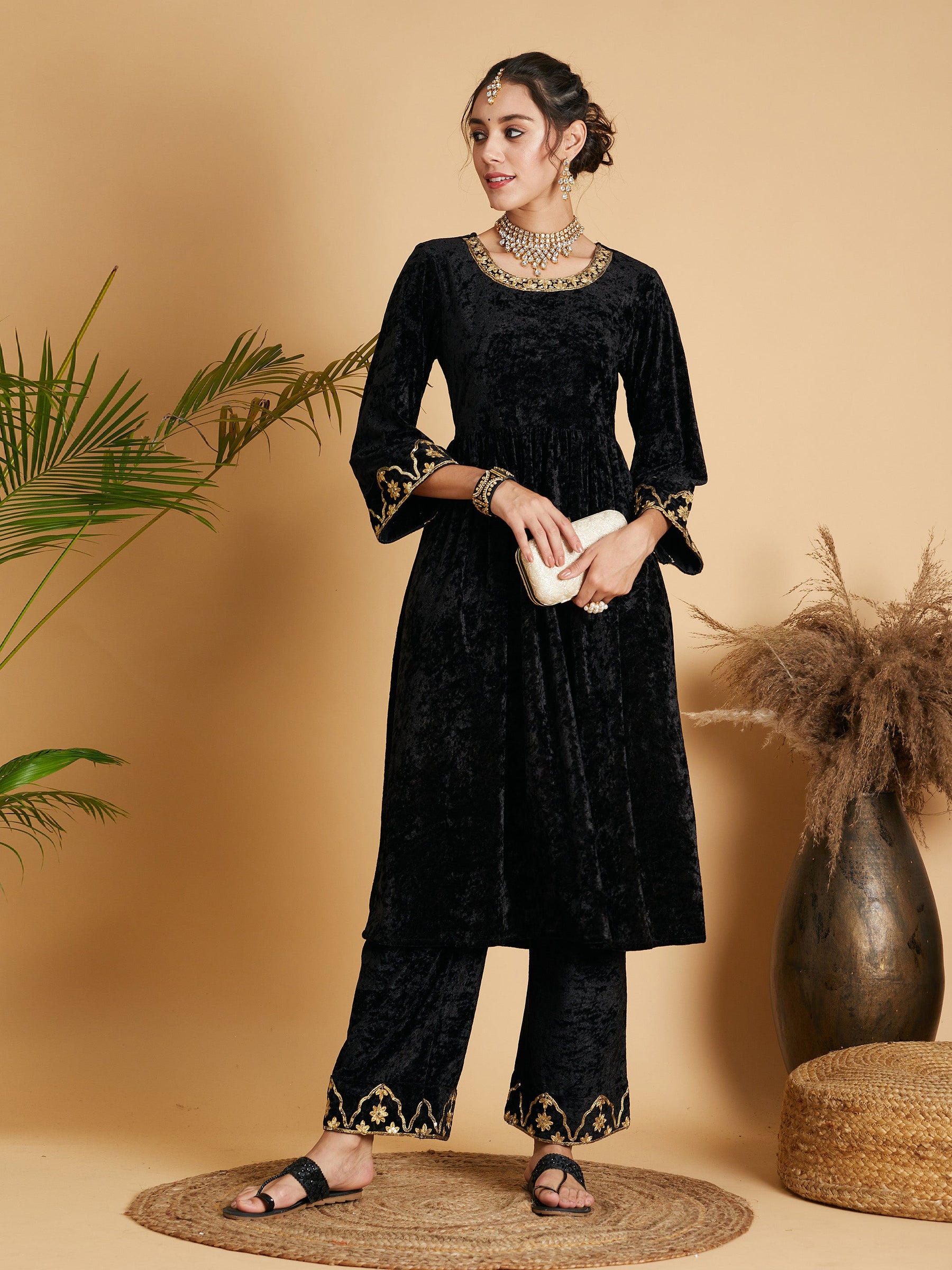 Buy Women Black Velvet Embroidered Dress With Pants Online at Best Price - Sassafras Buy Women Black Velvet Embroidered Dress With Pants Online at Best Price - Sassafras