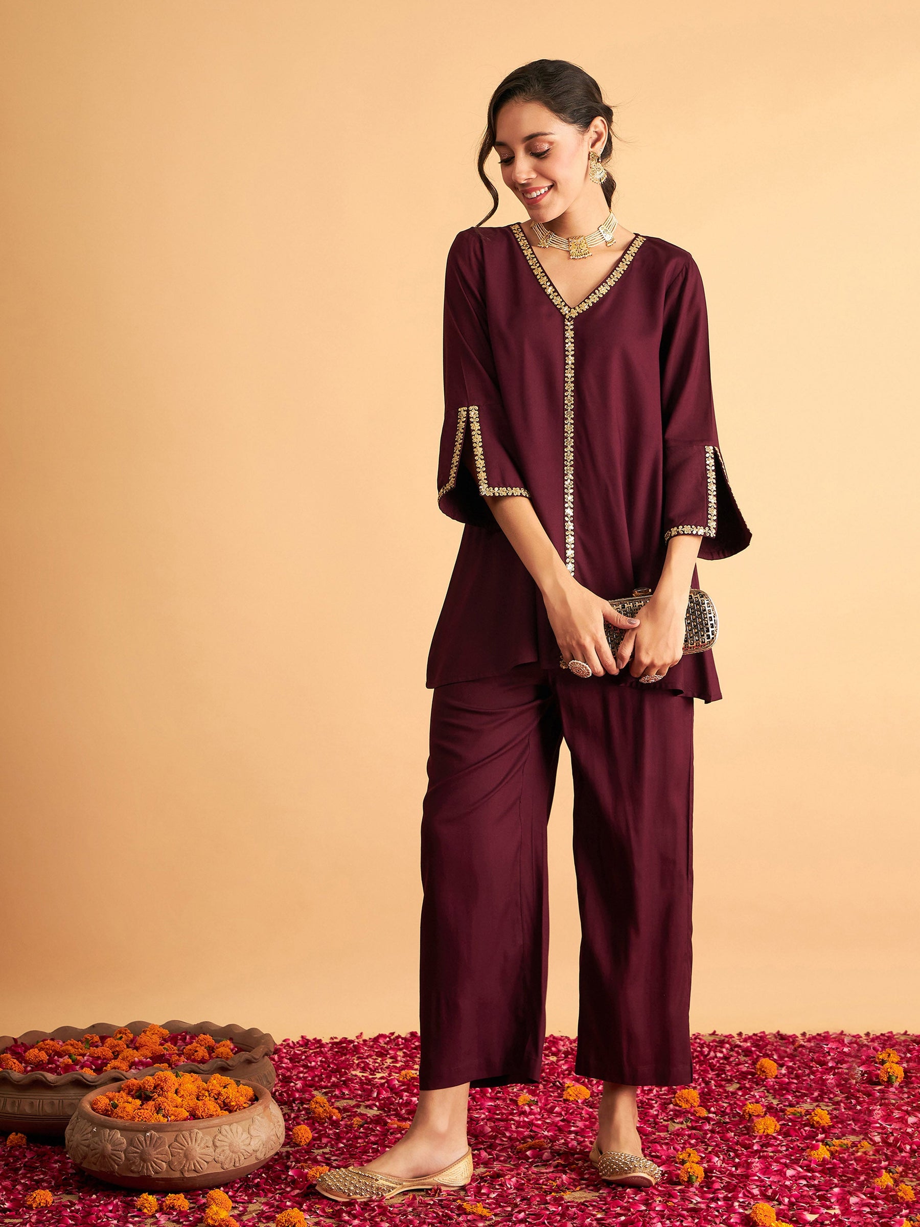 Burgundy Embroidered A Line Top With Pants-Shae by SASSAFRAS