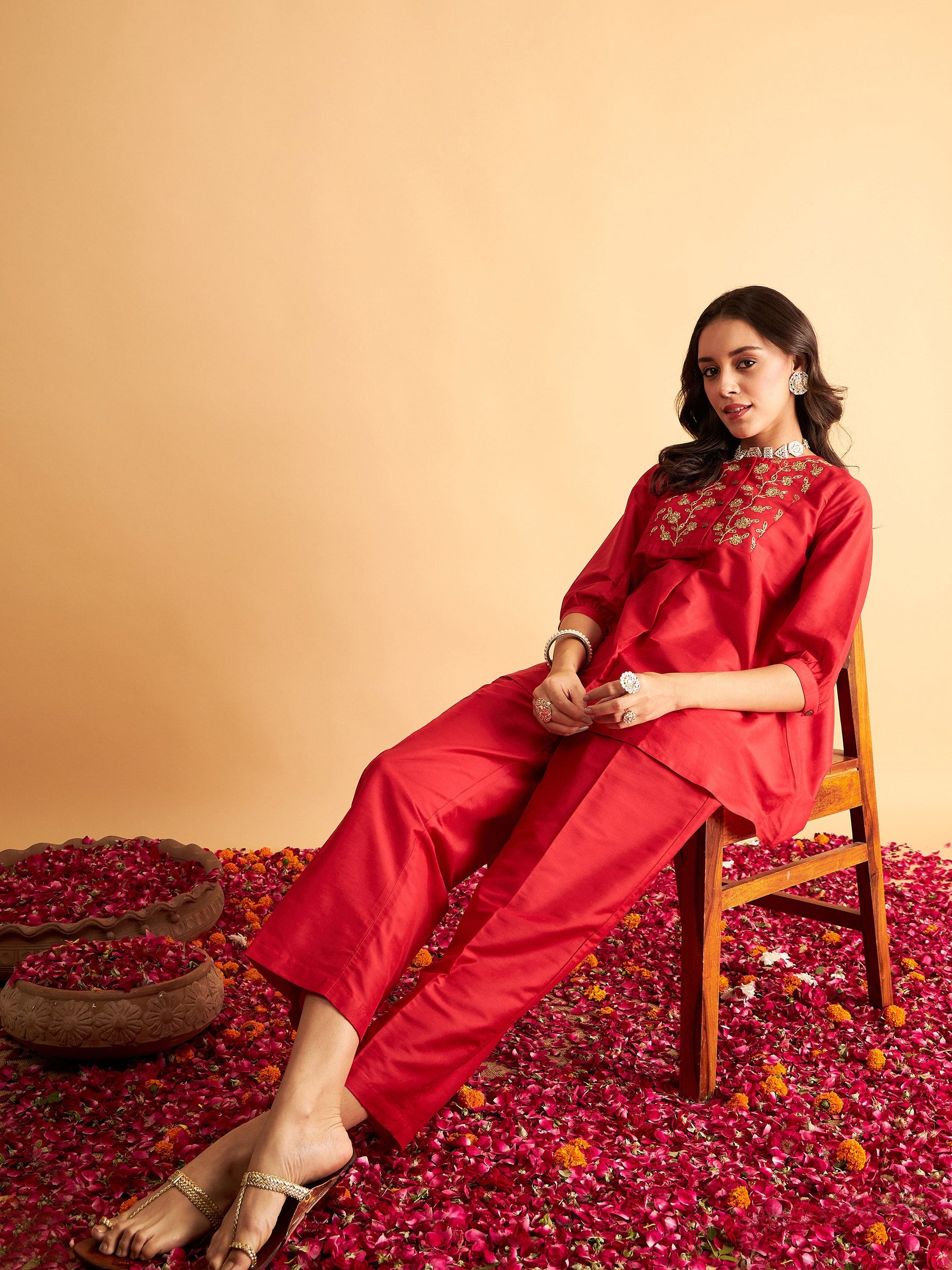 Women Red Embroidered Top With Pants