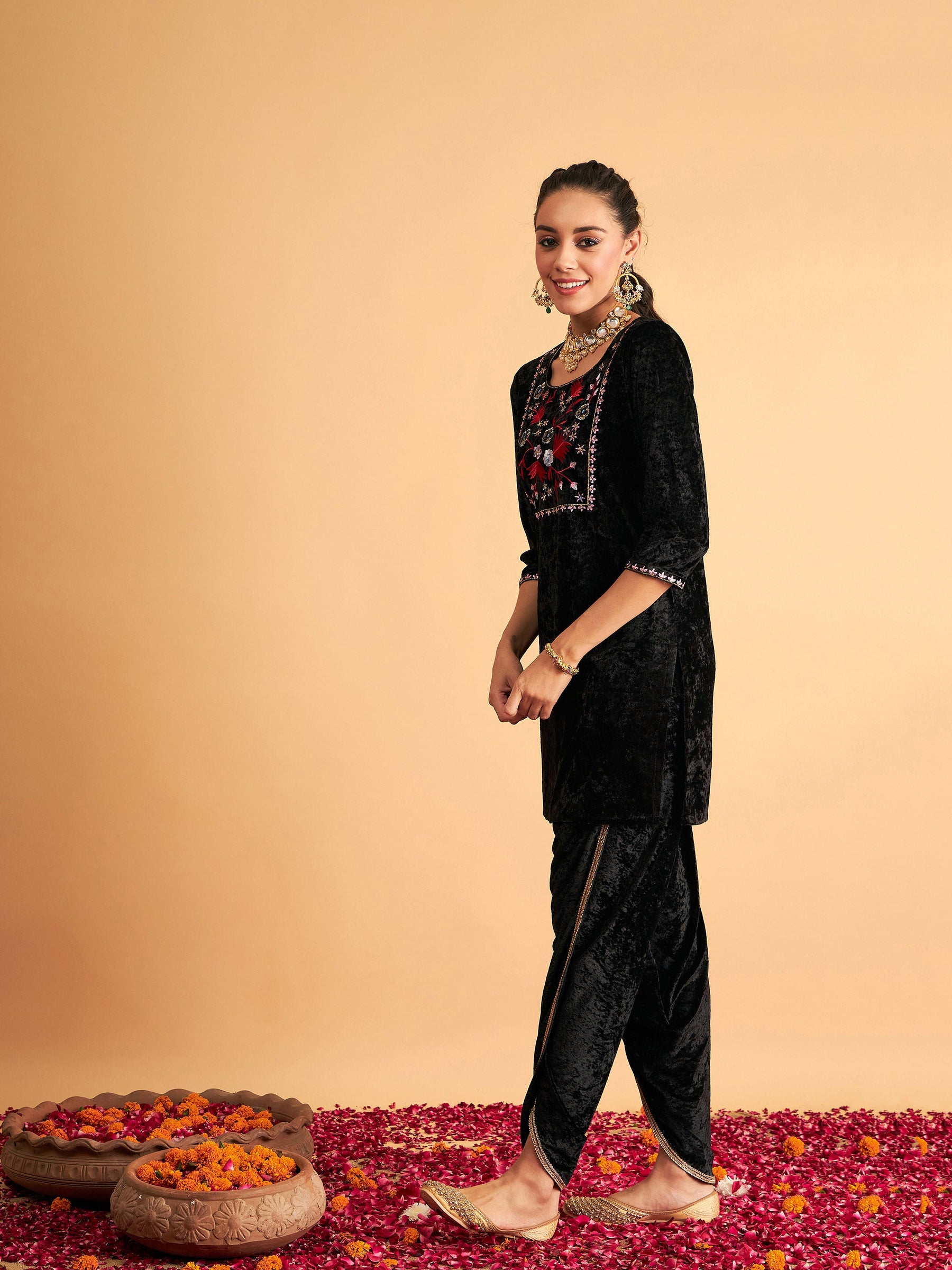 Black Velvet Embroidered Short Kurta With Dhoti Pants-Shae by SASSAFRAS