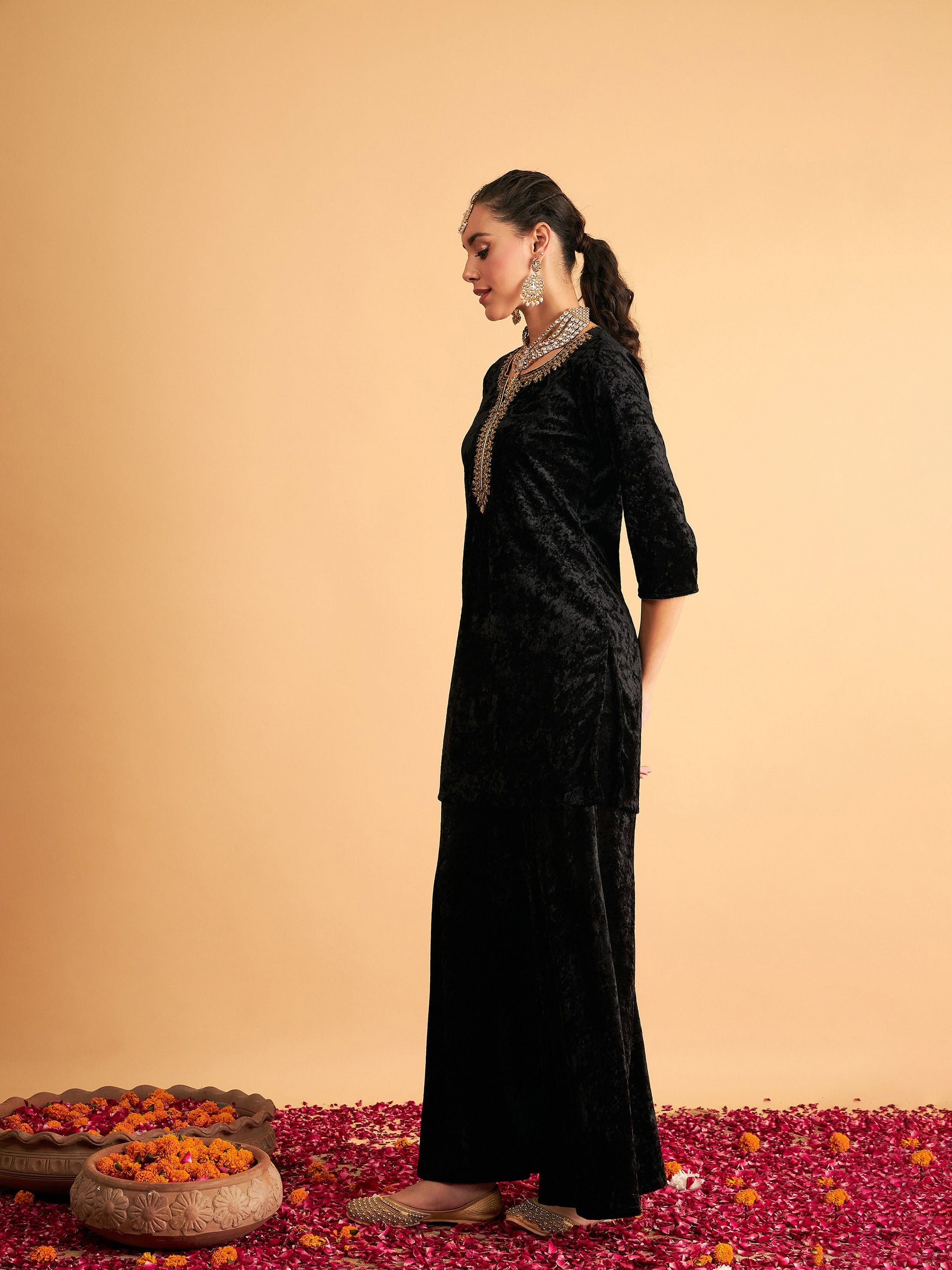 Black Velvet Embroidered Short Kurta With Palazzos-Shae by SASSAFRAS