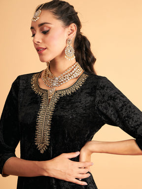 Black Velvet Embroidered Short Kurta With Palazzos-Shae by SASSAFRAS