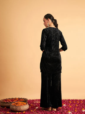 Black Velvet Embroidered Short Kurta With Palazzos-Shae by SASSAFRAS