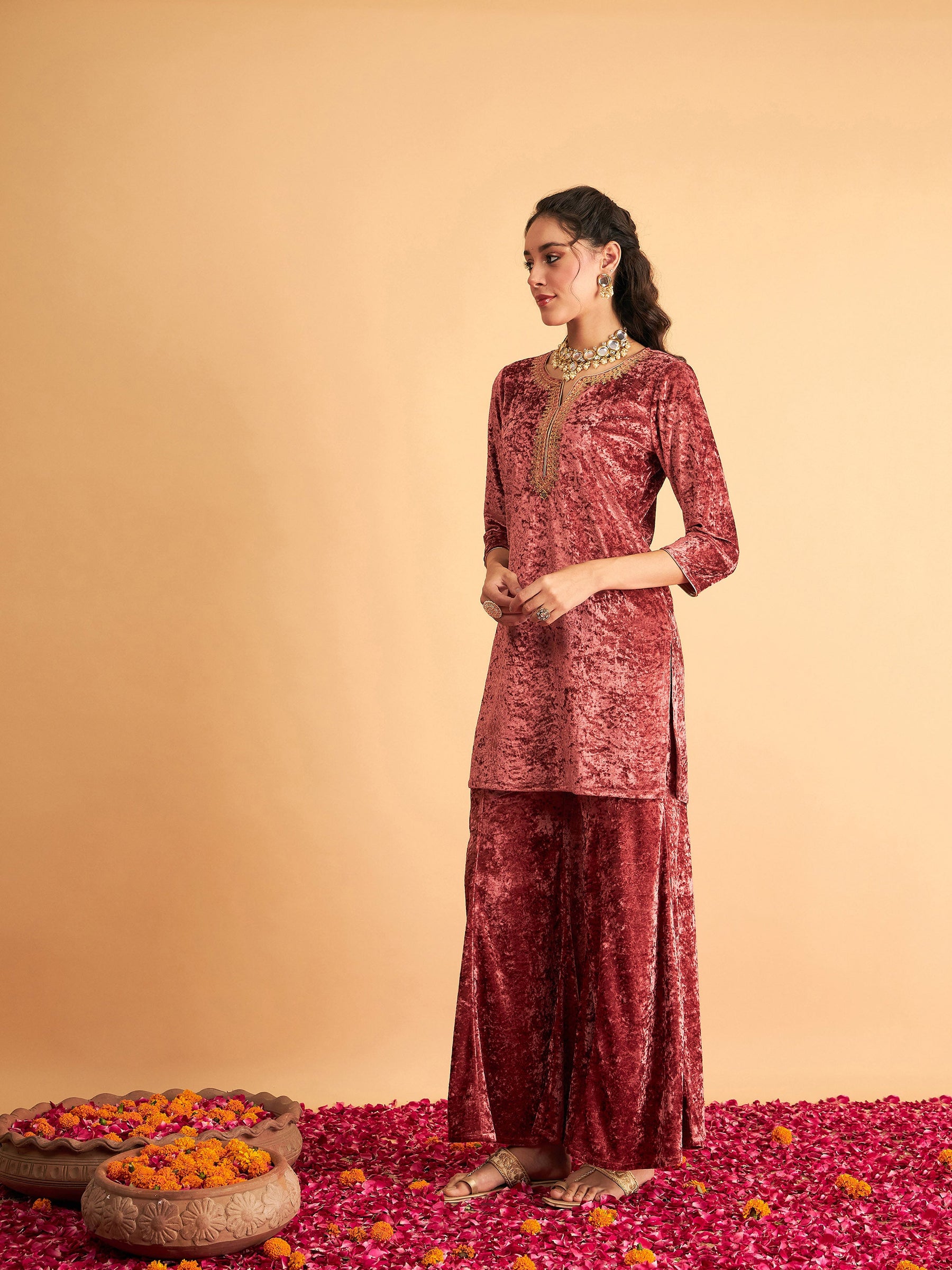 Pink Velvet Embroidered Short Kurta With Palazzos-Shae by SASSAFRAS