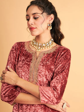 Pink Velvet Embroidered Short Kurta With Palazzos-Shae by SASSAFRAS