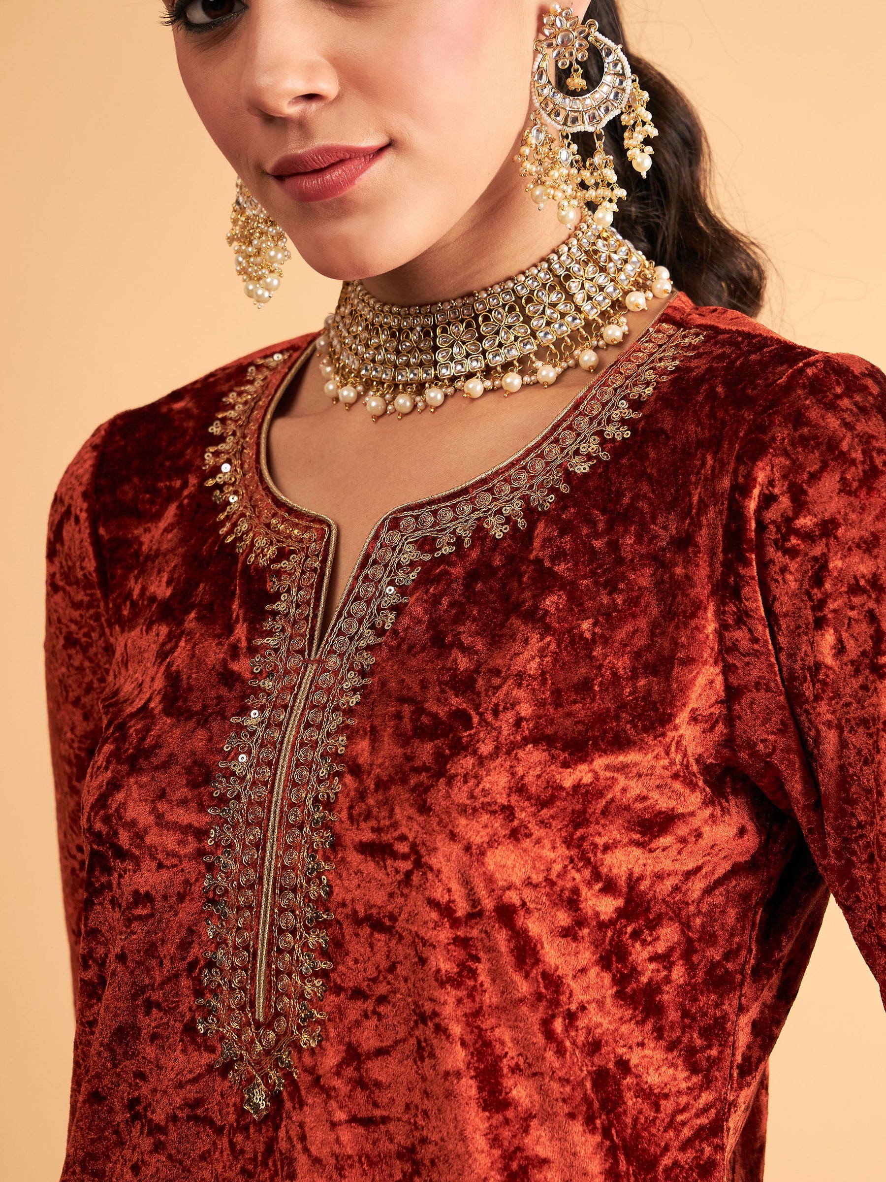 Rust Velvet Embroidered Short Kurta With Palazzos-Shae by SASSAFRAS