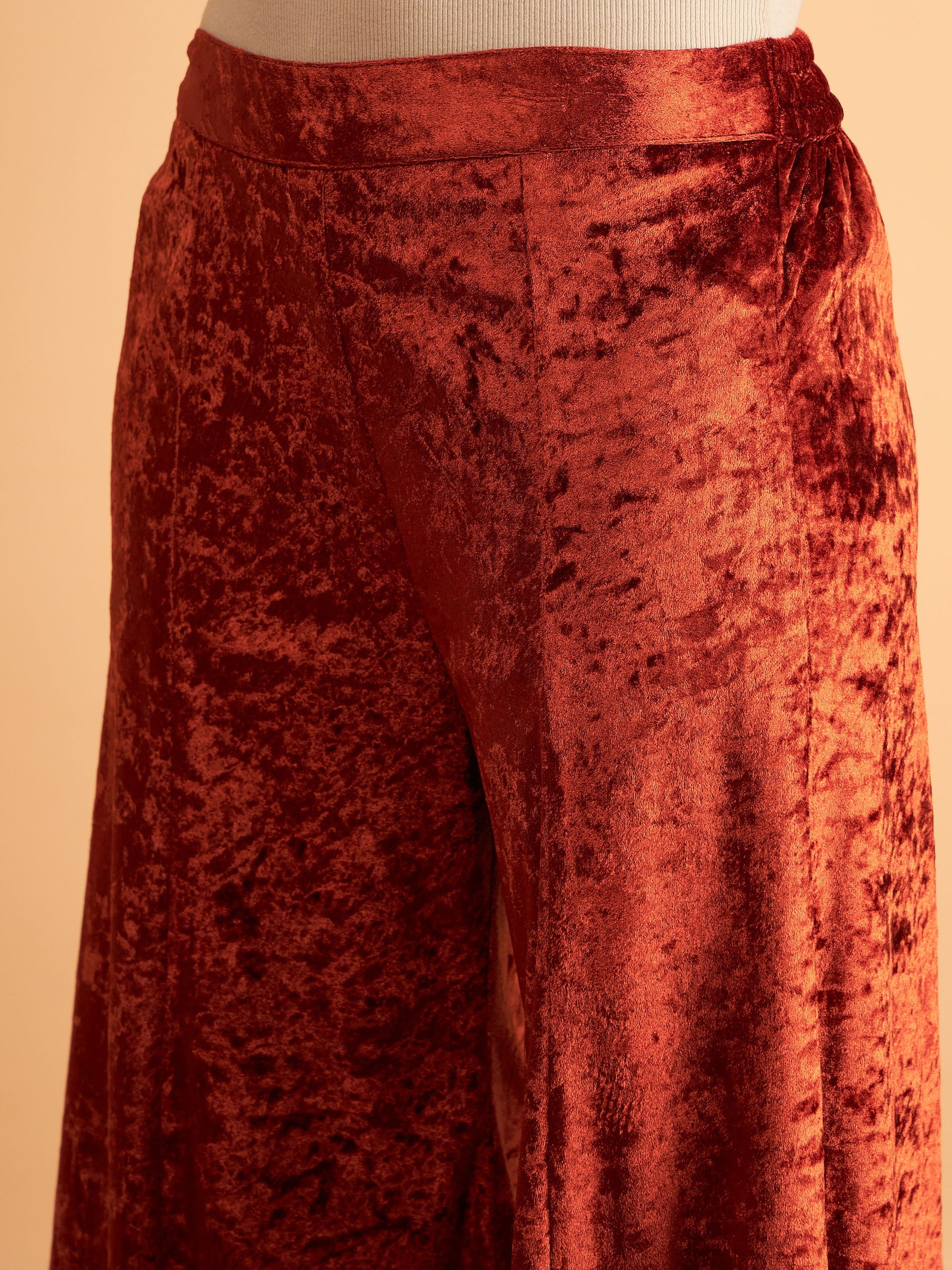 Rust Velvet Embroidered Short Kurta With Palazzos-Shae by SASSAFRAS